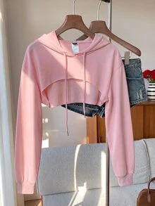 SHEIN EZwear 抽繩設計超短版連帽衛衣－黑白配色，秋冬長袖上衣 - 粉色 - 查看 3