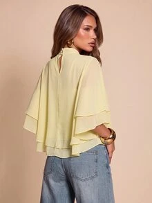 Bluhae Spring Summer Light Yellow Semi-High Neck Chiffon Cape Blouse Women Double Layer Flowy Ruffle Shawl Style Top For Outing Shopping Afternoon Tea Gentle Fairy Like Shirt - Light Yellow - View 2
