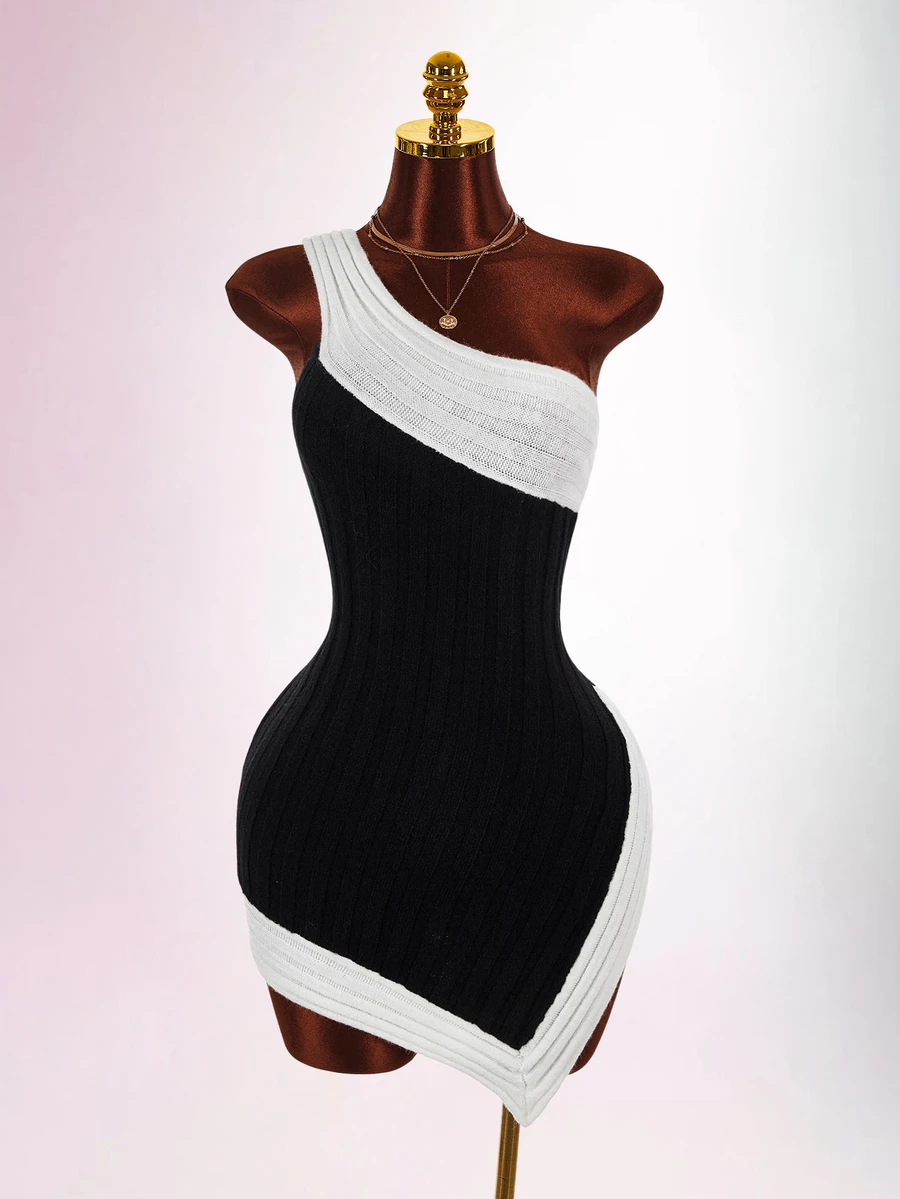 Amplova Women's Cold Shoulder Two-Tone Asymmetrical Hem Sweater Dress - Black and White - View 1