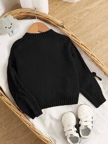 SHEIN 女童小女孩休閒日常時尚秋冬蝴蝶結針織上衣，長袖開襟衫返校毛衣 - 黑色 - 查看 2