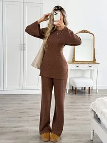 Easowa Women's Fashion Casual Solid Color Round Neck Long Sleeve Top & Pants Two Pieces Set - Brown - View 4