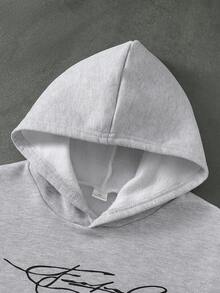 SHEIN 青少年男孩抓絨內裡2件套套裝，厚實保暖草寫字母圖案印花麻灰色連帽衛衣與慢跑長褲冬季運動套裝 - 灰色 - 查看 3