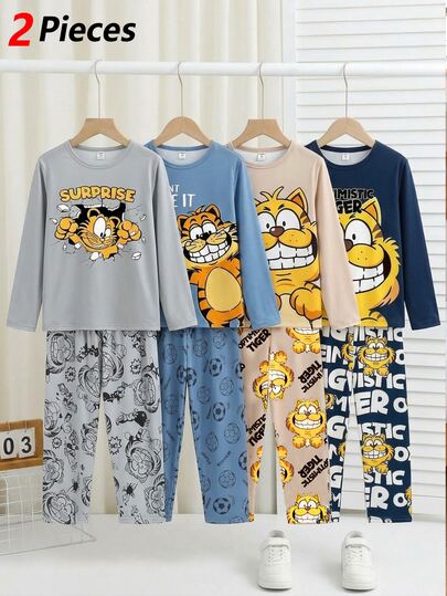 Teen Boys Apricot Base TIGER Cool Graphic Print Knitted Fabric Comfortable Soft Long Sleeve Pants Casual 2 Pieces Set Loungewear Autumn/Winter