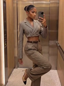 SHEIN SXY Women's Autumn/Winter New Cropped Loose Business Blazer - Multicolor - View 4