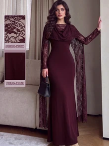Modelyn 女款優雅復古拼接精緻蕾絲修身長袖洋裝，帶有懷舊氛圍 - 酒紅色 - 查看 4
