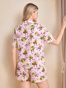 SpongeBob SquarePants | SHEIN Women's Cartoon Pattern Print Short Sleeve Top And Shorts Pajama Set - Pink - View 2
