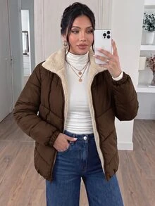 SHEIN Frenchy 大尺碼女款保暖內裡休閒百搭連帽填充外套 冬季 - 咖啡棕 - 查看 9