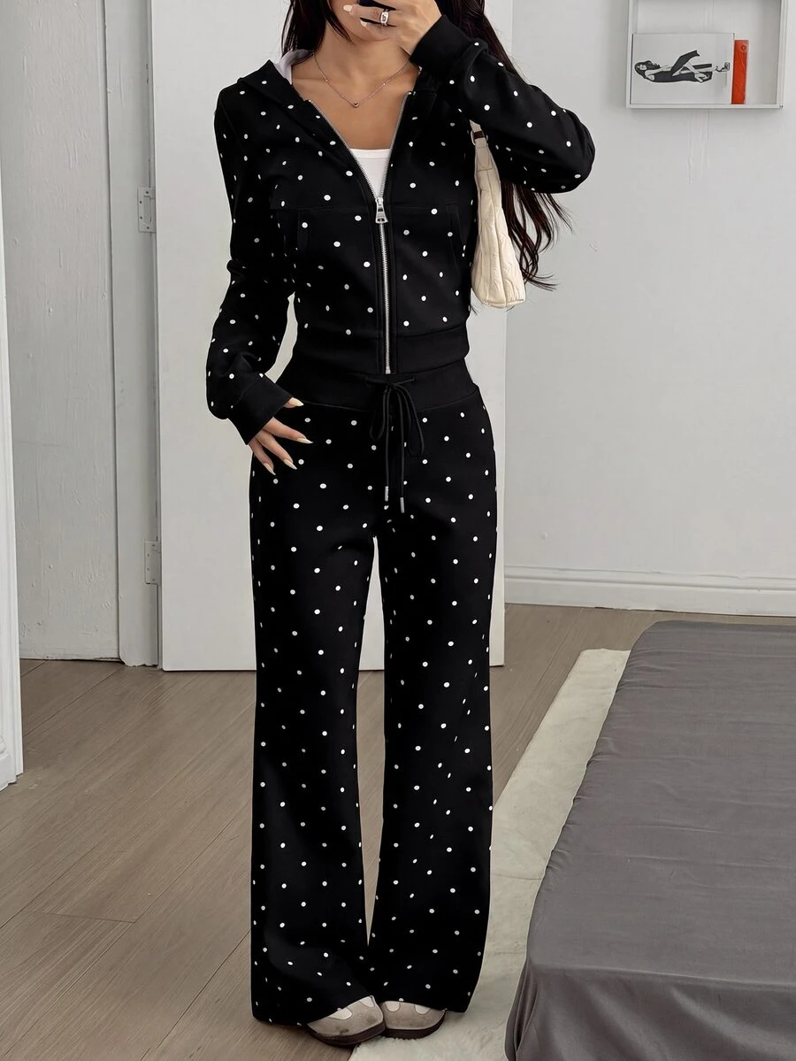 SHEIN EZwear 女款黑色波點印花修身開襟運動衫與喇叭褲休閒套裝，秋冬款 - 黑色 - 查看 1