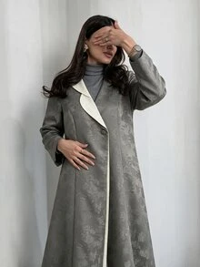 Yasmyna Women's Grey Woven Jacquard Single Lapel Contrast Color Long Sleeve Abaya - Grey - View 4