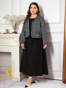 Modelyn Women's Long Sleeve Cardigan & Maxi Dress Set, Slimming Elegant Casual Commute Autumn/Winter Plus Size 2 Pieces Outfit - Multicolor - View 7