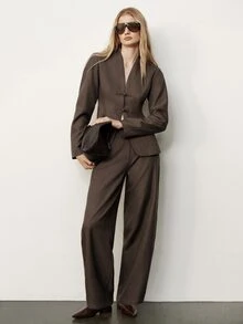 Aveloria Modichic Elegant Autumn/Winter Fashion Solid Color Diagonal Stripe Button Decor V-Neck Blazer With Pants Women Suit Set Office Dinner Dark Brown - Coffee Brown - View 7