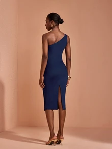 JIAN LASALA Mesh Sleeveless One Shoulder Ruched Elegant Midi Dress Party Vacation - Blue - View 2