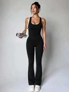 Slayform Slayform Jumpsuit Olahraga Wanita Bergaris Elastis Tinggi Warna Hitam Polos Model Halter Neck Tanpa Punggung untuk Yoga dan Pilates - Hitam - View 3