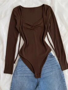INAWLY Bodysuit dệt kim gân nhún ngực - Cà phê nâu - Xem 1