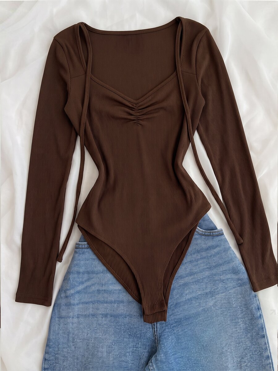 INAWLY Bodysuit dệt kim gân nhún ngực - Cà phê nâu - Xem 1