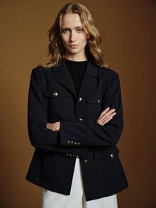 Anewsta Essential Women's Regular Fit Navy Blue Utility Blazer Jacket, Vintage Shoulder Epaulettes, Multi-Pockets, Metal Buttons, Cinched Waist, Commuter Jacket - Royal Blue - View 4