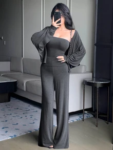 DAZY Women's Solid Color Fashion Minimalist Tube Top & Pants & Cardigan 3 Pieces Set - Dark Grey - View 1