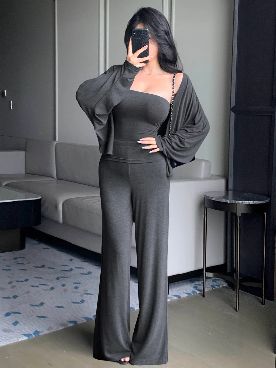 DAZY Women's Solid Color Fashion Minimalist Tube Top & Pants & Cardigan 3 Pieces Set - Dark Grey - View 1