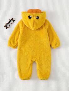 SHEIN Baby Girl Knitted Solid Color Faux Fur Duck Embroidery Pattern Casual Romper - Yellow - View 2