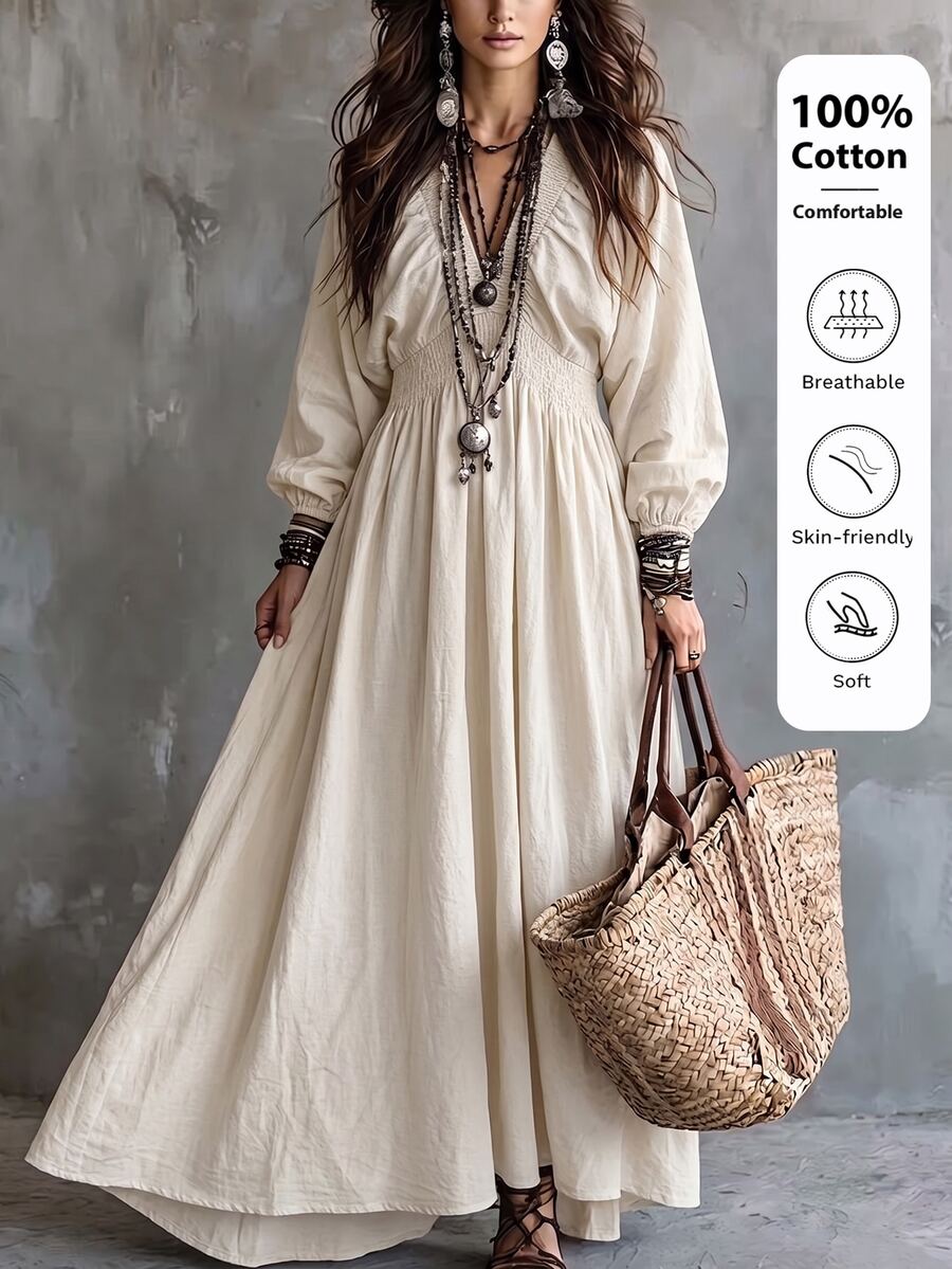 Breezaya Casual Boho Vacation V-Neck Long Sleeve Beige Women's Dress - Beige - View 1