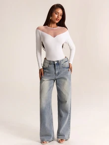 SHEIN BAE Autumn/Winter Solid White Ribbed Knit Long Sleeve Sheer Patchwork Women's Bodysuit - White - View 5