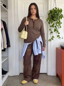 Comfortcana Plus Size Women Autumn Winter Clothing Round Neck Half Button Long Sleeve T-Shirt - Brown - View 3