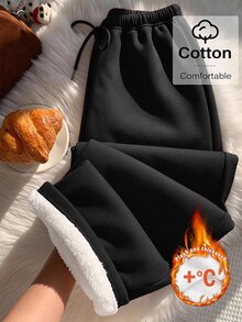 SHEIN EZwear 女款棉混紡秋冬抓絨內裡極簡前綁帶寬鬆運動長褲，休閒日常穿搭，適合返校季、秋冬風格，適用日常通勤、約會、聚會、秋冬、夏季、派對、婚禮、海灘、畢業典禮等場合，優雅休閒，適合出遊、Y2K風格、音樂節及其他活動、萬聖節 - 黑色 - 查看 1