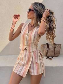 Serisse Women's Colorful Striped Pattern V-Neck Tank Top And Bow Shorts 2 Pieces Set - Multicolor - View 1