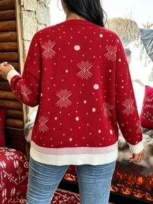 Linhara Plus Size Women's V-Neck Long Sleeve Christmas Print Pullover Casual Sweater - Red - View 2
