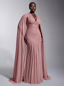 Elitara Plus Size New Elegant Glamorous Pink Mesh V-Neck Flutter Sleeve Ruched Decor Fitted Bodycon Mermaid Hem Long Evening Gown Dress For Wedding Events And All Formal Occasions - Dusty Pink - View 6