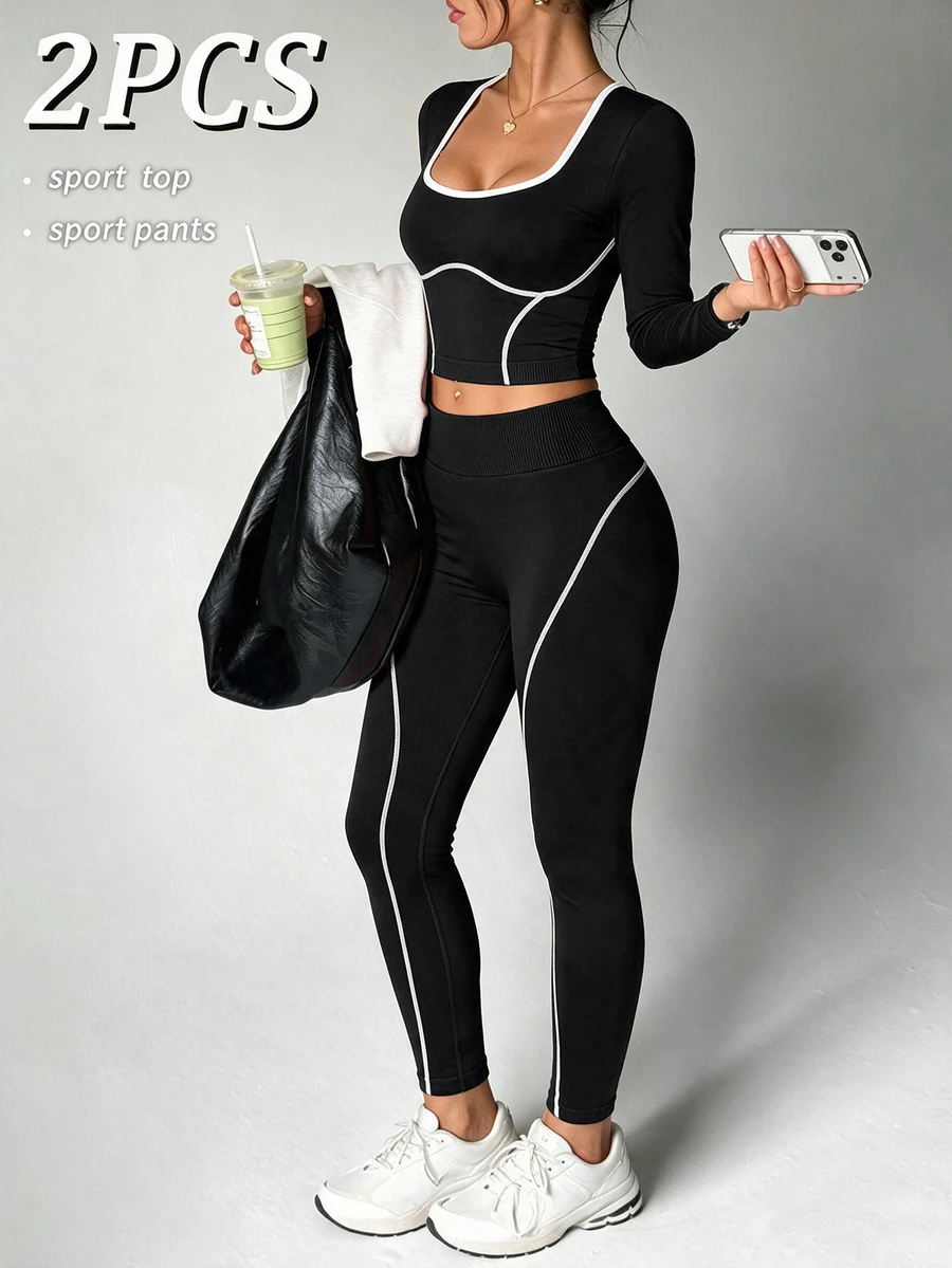 SHEIN Dewbera Women's Minimalist Long Sleeve Top And Striped Colorblock Pants Sports Set - Black - View 1
