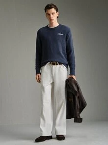 Calmiston 含羊毛袖套領毛衣，休閒針織秋冬服飾，寬鬆版型海軍藍時尚日常穿搭，附字母刺繡 - 藏蓝色 - 查看 4