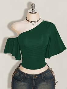 SHEIN ICON 女款素色不對稱肩休閒日常穿搭上衣 - 墨綠色 - 查看 7