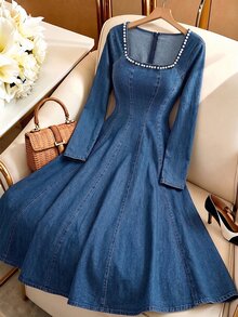 GlowEve Women's Faux Pearl Decor Cinched Waist Long Sleeve Denim Dress - Blue - View 6