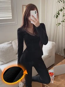 DAZY Women's Mesh Patchwork Long Sleeve Top & Pants Casual Daily Home Sleepwear Set - Black - View 4