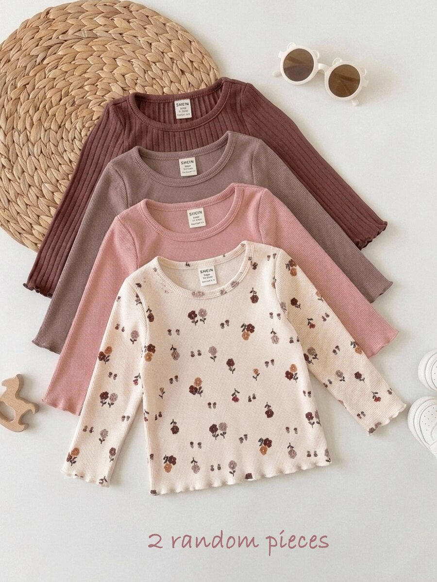 SHEIN Set 2 Potong Bayi Perempuan: Atasan Lengan Panjang Motif Bunga dan Warna Polos, Cocok untuk Musim Gugur/Dingin - MultiWarna - View 1