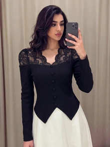 Modelyn Women's Elegant V-Neck Fitted Lace Patchwork Waist-Cinching Knit Top For Daily Commute And Date Outfits - Black - View 10