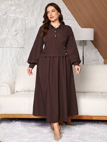 Al Najma Women's Shirt Collar Long Sleeve Ruched Waist Layered Versatile Spring Autumn Solid Color Plus Size Arabian Dress - Coffee Brown - View 3