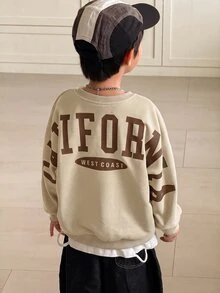SHEIN Little Byeori 1件青少年男孩休閒學院風舒適時尚極簡街頭風寬鬆版型實用百搭大字母背後圖案厚實保暖衛衣，適合日常穿著、學校、旅行、運動，秋冬季節適用 - 杏色 - 查看 4