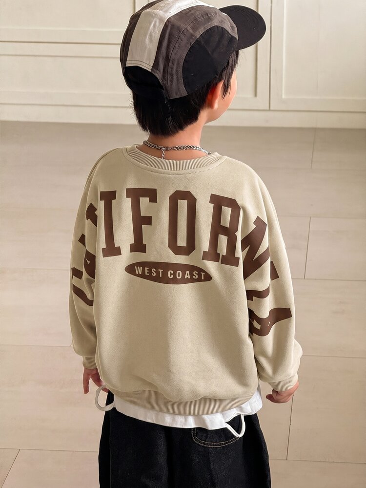 SHEIN Little Byeori 1pc Tween Boy Casual College Comfortable Fashion Minimalist Street Style Loose Fit Practical Versatile Large Letter Graphic On Back Thick Warm Sweatshirt Suitable For Daily Wear School Travel Sports Autumn Winter Season - Apricot - View 4