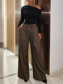 SHEIN SXY Women's Striped Casual Versatile Daily Wear Long Pants - Brown - View 2