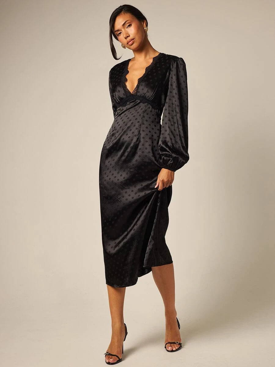 COSMINA Women's Casual Elegant Satin Black Polka Dot Lace Patchwork Dress - Black - View 1