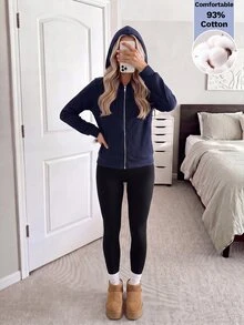 Easowa Women's Street Casual Zip-Up Long Sleeve Hooded Sweatshirt Autumn Workout Gym Navy Blue Black - Navy Blue - View 6