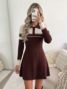 Easowa Women's Fashion Striped Colorblock Long Sleeve Sweater Dress - Brown - View 3