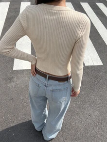 valorelle valorelle Square Neck Button Detail Ribbed Knit Sweater - Apricot - View 2