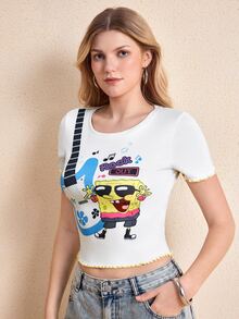 SpongeBob SquarePants | SHEIN 女款卡通印花休閒日常短袖T恤 - 白色 - 查看 3