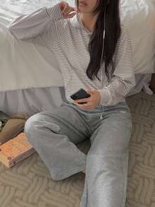 DAZY Women's Striped Long Sleeve Top And Pants Casual Daily Loungewear Set - Grey - View 6