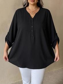 SHEIN CURVE+ Plus Size 22W Women's Early Spring Purple Red 3/4 Sleeve Shirt Fall - Black - View 3