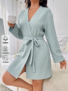 SHEIN رداء نسائي منسوج بنسيج وافل مفتوح من الأمام بأكمام طويلة مع حزام، رداء نوم خفيف وناعم وكاجوال للاسترخاء - ازرق نعناع - مشاهدة 1