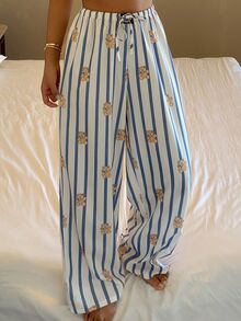 DAZY Women's Striped & Cartoon Print Elastic Waist Drawstring Loose Pajama Pants - Blue and White - View 5